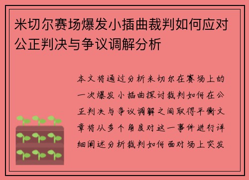米切尔赛场爆发小插曲裁判如何应对公正判决与争议调解分析