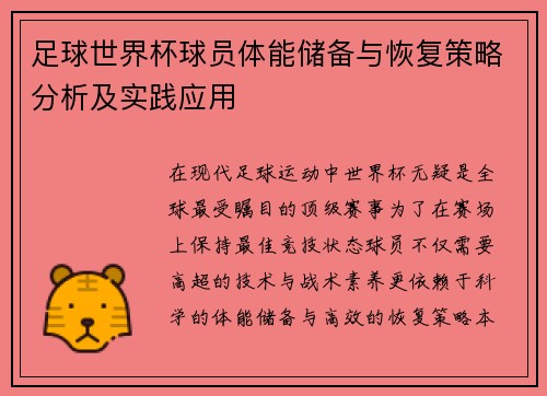 足球世界杯球员体能储备与恢复策略分析及实践应用
