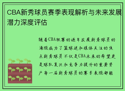 CBA新秀球员赛季表现解析与未来发展潜力深度评估