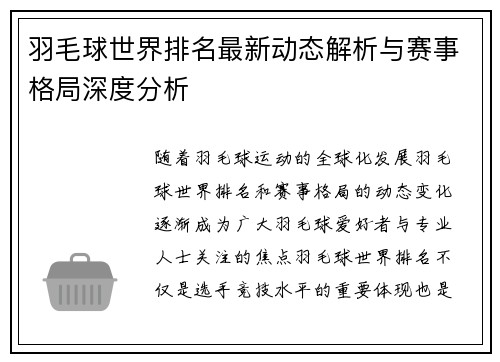 羽毛球世界排名最新动态解析与赛事格局深度分析